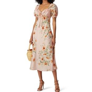 ASTR In Bloom Pink Floral Satin Puff Sleeve Sweetheart Midi Dress Small NWT